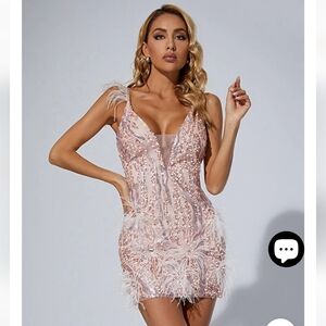 Mew Mews Elegant Pink Sequin Mini Dress NWT Large Bodycon Feather Mesh